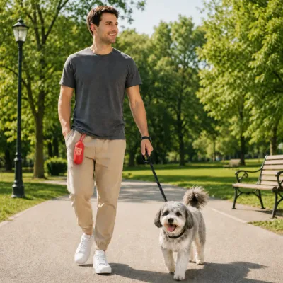 Dog Walking with Heart Themed Poop Bag Dispenser Dog owner walking a dog outdoors carrying a heart themed poop bag dispenser