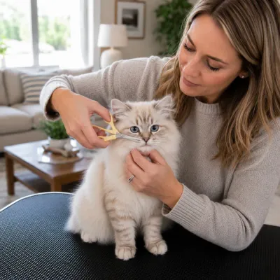 Pet owner trimming facial hair around a cat's eyes using safety grooming scissors