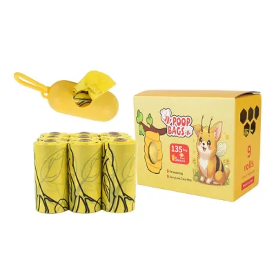 Eco-Friendly Dog Poop Bags with Dispenser 9 Rolls Bulk Supply Yellow eco-friendly dog poop bags with dispenser holder and 9 rolls biodegradable pet waste bags for dog walking