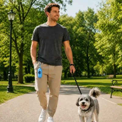 Dog Owner Walking with Portable Dog Poop Bag Dispenser Pet owner walking a dog outdoors with a portable biodegradable poop bag dispenser attached to clothing