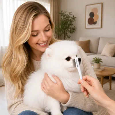 Pet owner using a tear stain comb to clean around a small dog's eyes at home