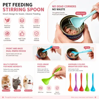 Pet Feeding Stirring Spoon for Wet Food and Treats Food-grade pet feeding spoon with dual-ended design for mixing canned food, cat treats and dog snacks