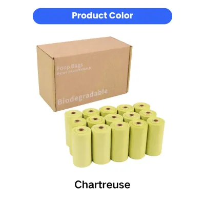 Chartreuse Biodegradable Dog Poop Bags Chartreuse colored biodegradable dog poop bags made from plant-based corn starch materials