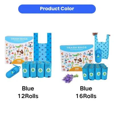 Blue Biodegradable Dog Waste Bags 12 Rolls and 16 Rolls Set Blue biodegradable dog waste bags available in 12-roll and 16-roll packs with portable dispenser