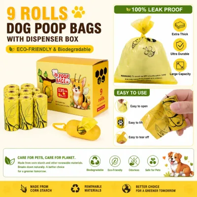 Biodegradable Dog Poop Bags Leak Proof with Dispenser Leak-proof dog poop bags made from corn starch material with portable dispenser and easy-tear design