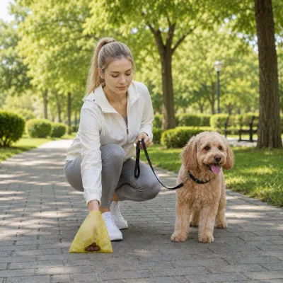 Dog Owner Using Biodegradable Poop Bag Outdoors Woman picking up dog waste using eco-friendly biodegradable poop bag during a walk in the park