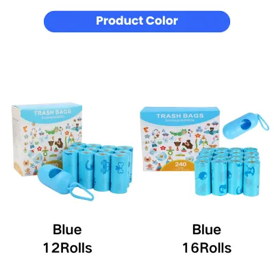 Blue Dog Poop Bags Set 12 Rolls and 16 Rolls Blue dog poop bag set available in 12-roll and 16-roll options with portable dispenser