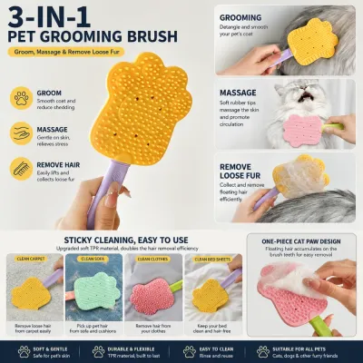 3-in-1 pet grooming brush featuring grooming, massage and loose hair removal functions for cats and dogs