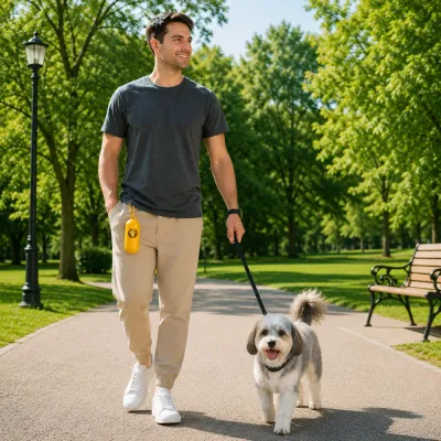 Dog Walking with Portable Poop Bag Dispenser Dog owner walking a dog outdoors with yellow poop bag dispenser attached for convenient waste cleanup