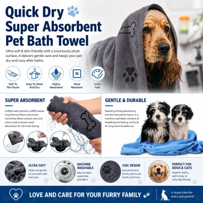 Quick Dry Super Absorbent Pet Bath Towel Features Super absorbent pet bath towel with quick dry, soft touch and machine washable features
