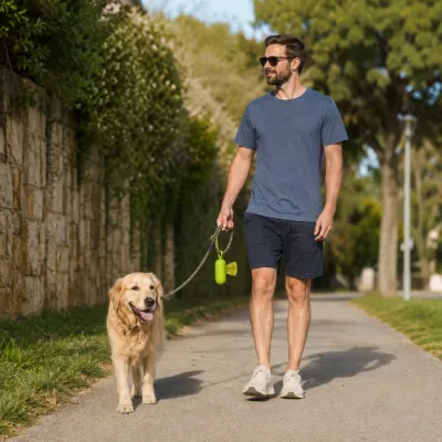 Dog Walking with Poop Bag Dispenser pet owner walking dog outdoors with biodegradable poop bag dispenser attached to leash