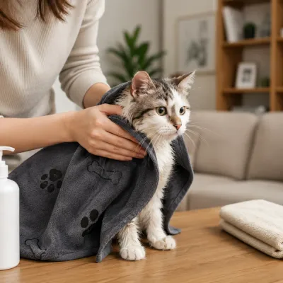 Soft Pet Drying Towel for Cats and Small Pets Pet owner drying a wet cat with a soft absorbent pet bath towel indoors