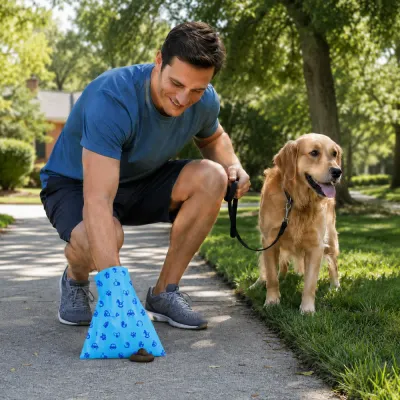Dog Owner Using Biodegradable Poop Bag Outdoors Dog owner picking up pet waste with biodegradable poop bag during outdoor walk