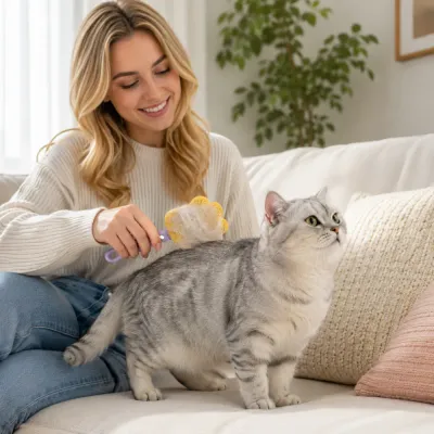 Pet owner grooming a short-haired cat with a soft silicone pet brush for shedding control