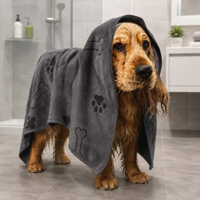Dog Wrapped in Quick Dry Pet Bath Towel After Bath Wet dog wrapped in a super absorbent gray pet bath towel in bathroom
