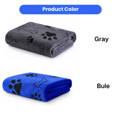 Pet Bath Towel Available in Gray and Blue Colors Quick dry pet bath towel available in gray and blue color options with paw print design