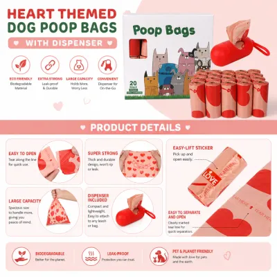 Biodegradable Heart Themed Dog Poop Bags with Dispenser Leak-proof biodegradable dog poop bags with heart print design and portable dispenser