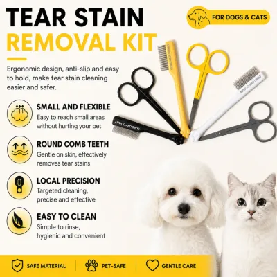 Tear stain removal kit featuring rounded comb teeth ergonomic handle and safe grooming design