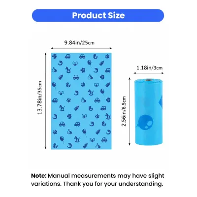 Dog Poop Bag Roll Size and Dimensions Size chart of biodegradable dog poop bags and roll dimensions for pet waste disposal