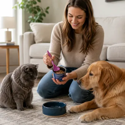 Pet Owner Using Feeding Spoon for Cat and Dog Mealtime Pet owner using a pet feeding stirring spoon to mix canned food for a cat and dog in a home living room