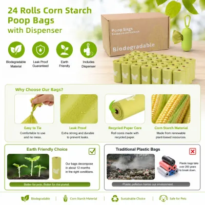 Biodegradable Corn Starch Dog Poop Bags Features eco friendly dog poop bags with dispenser leak proof biodegradable corn starch material