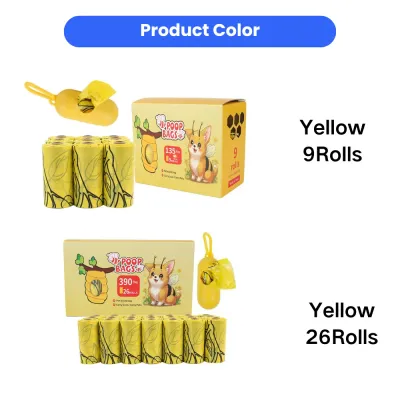 Yellow Dog Poop Bags with Dispenser 9 Rolls and 26 Rolls Options Yellow biodegradable dog waste bags with dispenser available in 9 rolls and 26 rolls packaging options