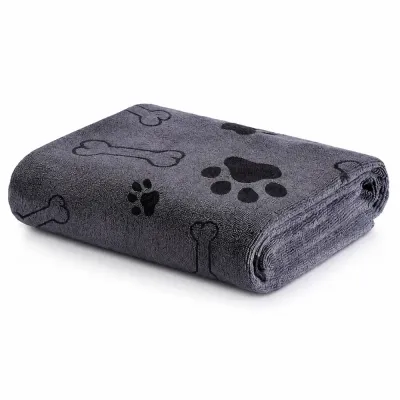 Gray Quick Dry Pet Bath Towel for Dogs and Cats Folded gray quick dry pet bath towel with paw print and bone pattern for dogs and cats