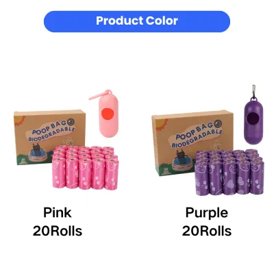 Biodegradable Dog Poop Bags with Dispenser - Pink & Purple Colors Wholesale biodegradable dog poop bags with dispenser available in pink and purple colors, 20 rolls per pack