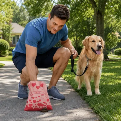 Dog owner cleaning pet waste outdoors using biodegradable heart print poop bags