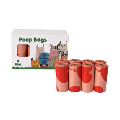 Wholesale heart theme dog waste bags with retail packaging and 8 rolls per box