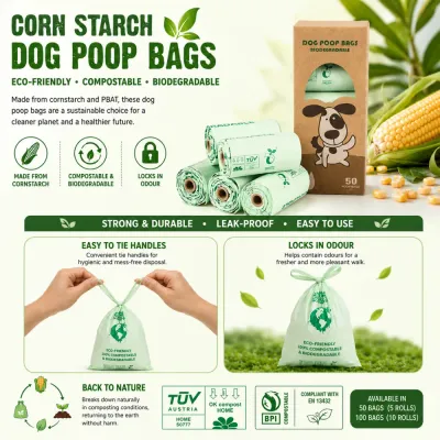 Corn starch dog poop bags featuring leak-proof design, odor control, and easy-tie handles