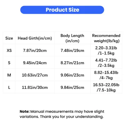 Size chart for pet ear cover protectors with head girth, body length and weight recommendations