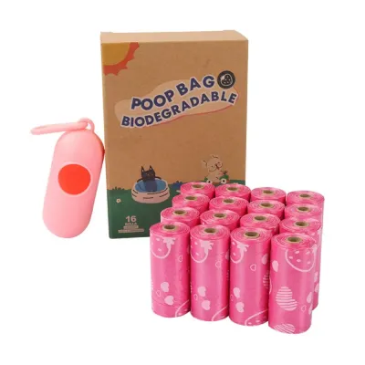 Pink Biodegradable Dog Poop Bags with Dispenser 16 Rolls Pink biodegradable dog poop bag set with dispenser and 16 rolls for pet waste disposal
