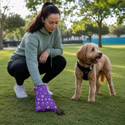 Dog Owner Using Biodegradable Poop Bag During Outdoor Walk Pet owner picking up dog waste with biodegradable dog poop bag during a walk in the park