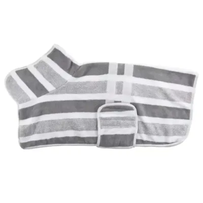 Grey Microfiber Dog Bath Robe Grey striped dog drying robe made of absorbent microfiber fabric