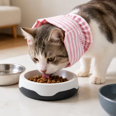 Cat wearing a pink striped ear cover protector during mealtime