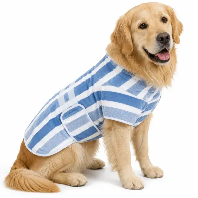 Blue Quick-Dry Dog Bath Robe for Large Dogs Large dog wearing blue microfiber quick-dry bath robe after bathing