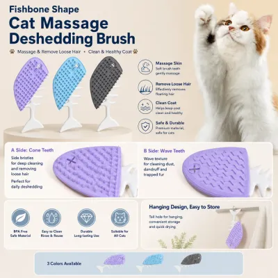 Fishbone cat massage brush with dual-sided design for grooming deshedding and coat care