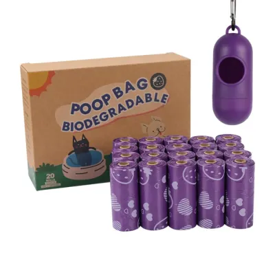 Wholesale Biodegradable Dog Waste Bags with Dispenser - Purple Design Bulk biodegradable dog waste bags with dispenser in purple color for pet stores and wholesale buyers