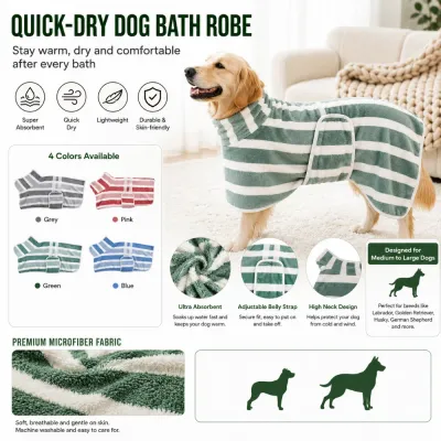 Quick-Dry Microfiber Dog Bath Robe Features Quick-dry dog bath robe with absorbent microfiber fabric and adjustable belly strap