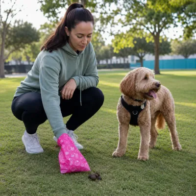 Dog Owner Using Biodegradable Dog Poop Bags During Outdoor Walk Woman picking up dog waste using biodegradable poop bags in a park with pet dog