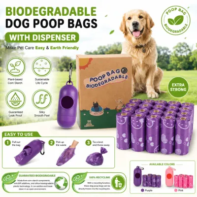 Biodegradable Dog Poop Bags with Dispenser Wholesale Bulk Pack Biodegradable dog poop bags with dispenser made from corn starch, leak-proof bulk pack for pet stores and retailers