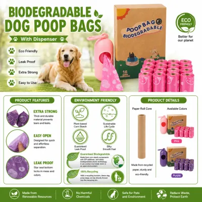 Eco-Friendly Biodegradable Dog Poop Bags with Dispenser Features Biodegradable dog poop bags with dispenser made from corn starch, leak-proof and eco-friendly pet waste bags