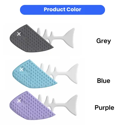 Fishbone shape cat deshedding brush available in grey blue and purple colors