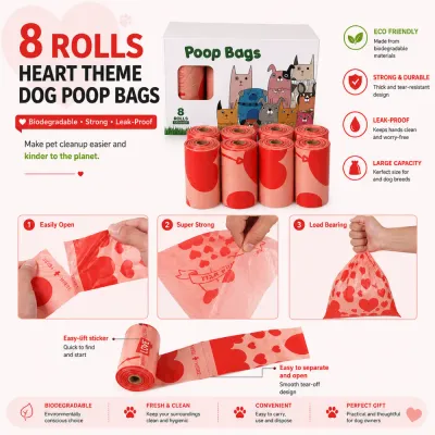 Biodegradable leak-proof dog poop bags with strong tear-resistant design and easy-open rolls