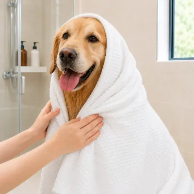 Large Dog Wrapped in Disposable Bath Towel After Bath Golden Retriever wrapped in a soft disposable bath towel after bathing