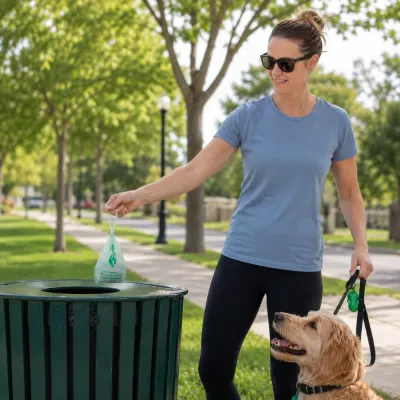 Dog owner disposing pet waste using biodegradable dog poop bags during a daily walk