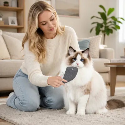 Woman grooming a fluffy cat using a fishbone deshedding massage brush in a living room