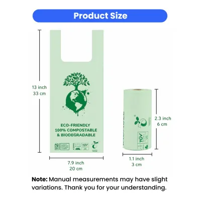 Size dimensions of biodegradable dog poop bags measuring 13 x 7.9 inches with compact roll design