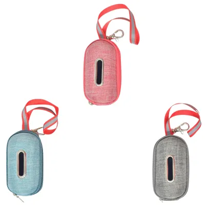 Wholesale dog poop bag holder in pink blue and grey linen fabric with hanging strap